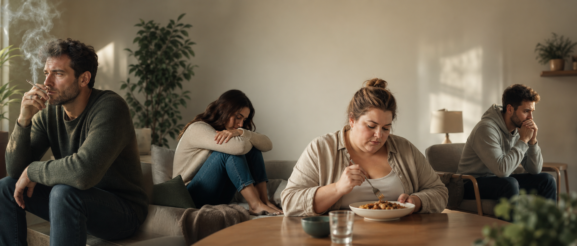 Banner retratando dores emocionais como tabagismo, isolamento, compulsão alimentar e medo