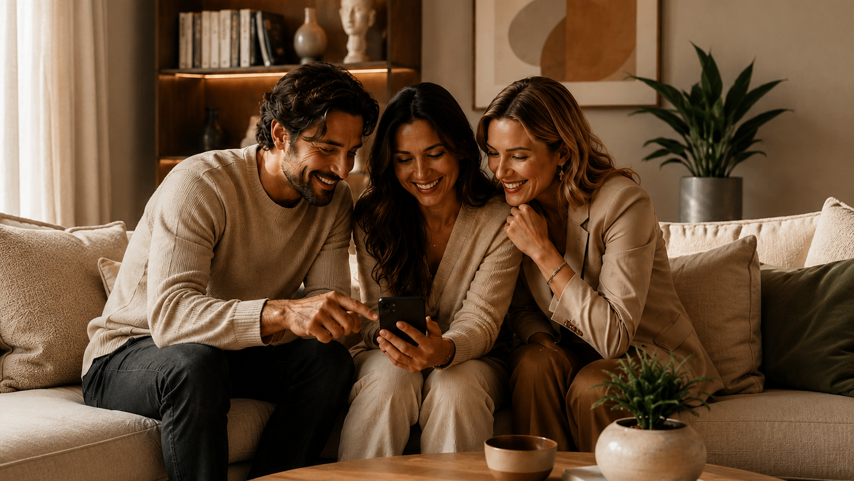 Grupo de pessoas reunidas observando um celular