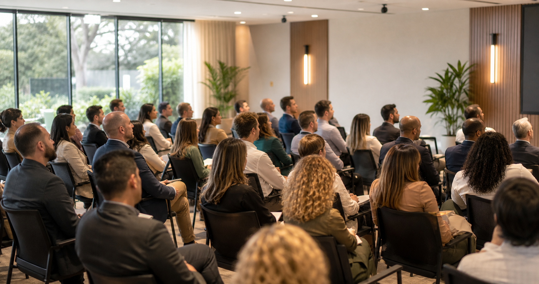 Grupo de profissionais assistindo a uma aula em treinamento empresarial